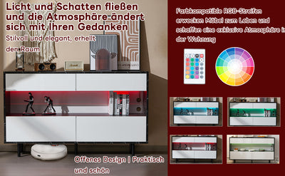 Buffet Design Marbre Noir et Blanc avec 4 Tiroirs, Rangement Ouvert Illuminé par LED et Pieds Métalliques Robustes STRUD