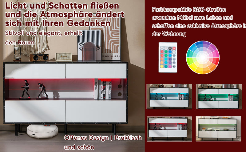 Buffet Design Marbre Noir et Blanc avec 4 Tiroirs, Rangement Ouvert Illuminé par LED et Pieds Métalliques Robustes STRUD