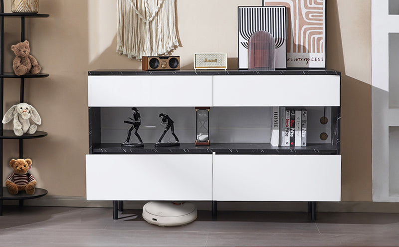 Buffet Design Marbre Noir et Blanc avec 4 Tiroirs, Rangement Ouvert Illuminé par LED et Pieds Métalliques Robustes STRUD