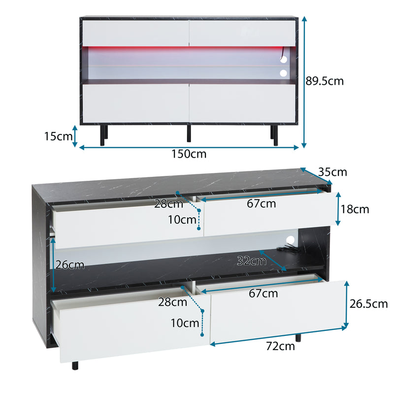 Buffet Design Marbre Noir et Blanc avec 4 Tiroirs, Rangement Ouvert Illuminé par LED et Pieds Métalliques Robustes STRUD