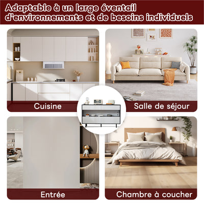Buffet Design Marbre Noir et Blanc avec 4 Tiroirs, Rangement Ouvert Illuminé par LED et Pieds Métalliques Robustes STRUD