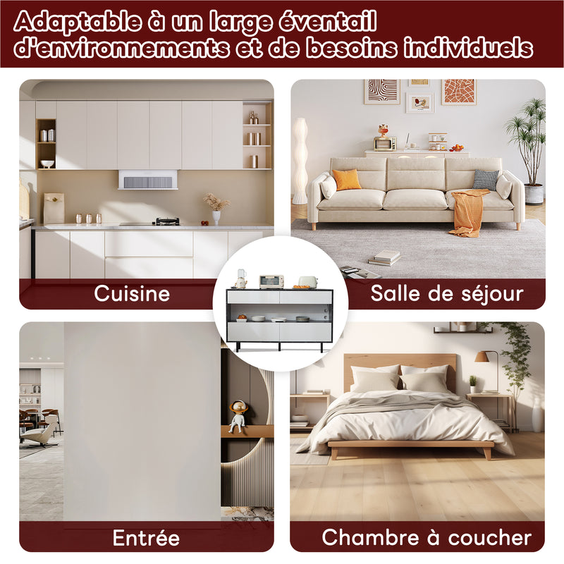 Buffet Design Marbre Noir et Blanc avec 4 Tiroirs, Rangement Ouvert Illuminé par LED et Pieds Métalliques Robustes STRUD