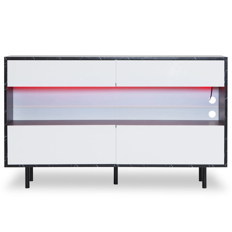 Buffet Design Marbre Noir et Blanc avec 4 Tiroirs, Rangement Ouvert Illuminé par LED et Pieds Métalliques Robustes STRUD