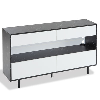 Buffet Design Marbre Noir et Blanc avec 4 Tiroirs, Rangement Ouvert Illuminé par LED et Pieds Métalliques Robustes STRUD