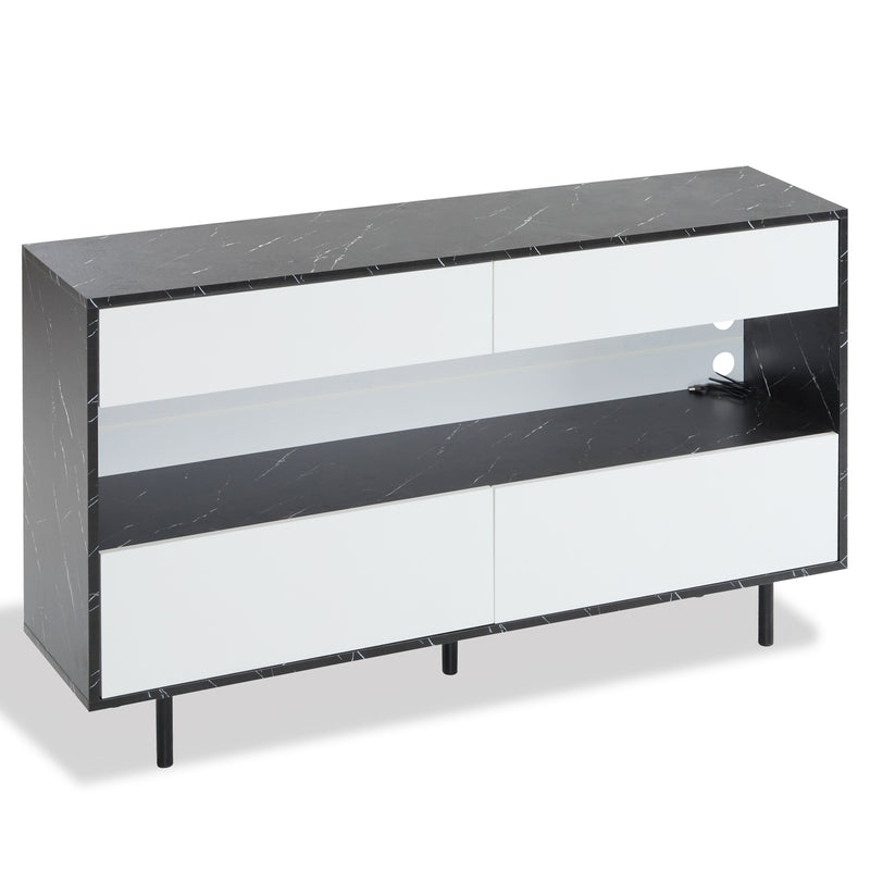 Buffet Design Marbre Noir et Blanc avec 4 Tiroirs, Rangement Ouvert Illuminé par LED et Pieds Métalliques Robustes STRUD