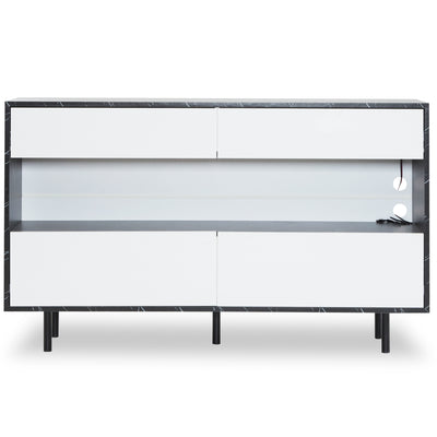 Buffet Design Marbre Noir et Blanc avec 4 Tiroirs, Rangement Ouvert Illuminé par LED et Pieds Métalliques Robustes STRUD