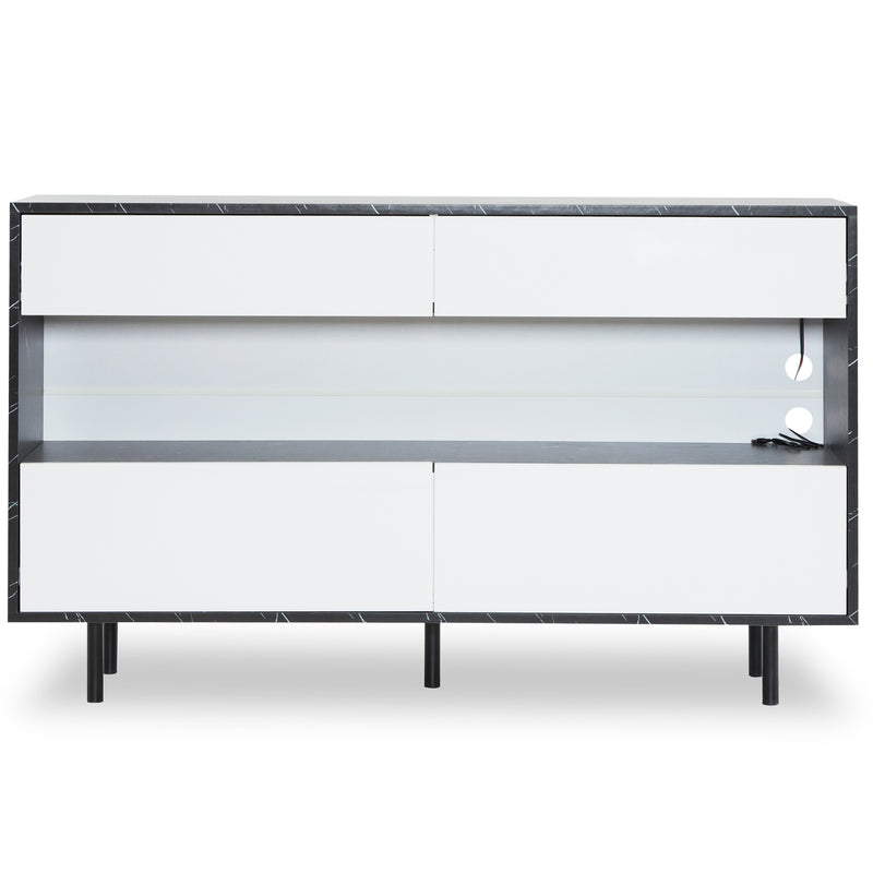 Buffet Design Marbre Noir et Blanc avec 4 Tiroirs, Rangement Ouvert Illuminé par LED et Pieds Métalliques Robustes STRUD