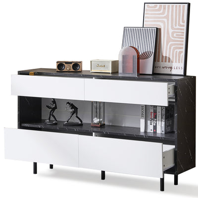 Buffet Design Marbre Noir et Blanc avec 4 Tiroirs, Rangement Ouvert Illuminé par LED et Pieds Métalliques Robustes STRUD