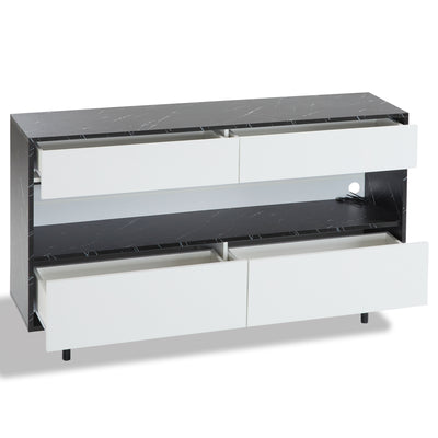 Buffet Design Marbre Noir et Blanc avec 4 Tiroirs, Rangement Ouvert Illuminé par LED et Pieds Métalliques Robustes STRUD