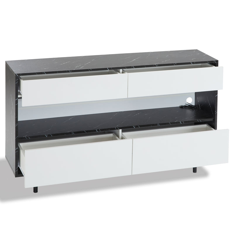 Buffet Design Marbre Noir et Blanc avec 4 Tiroirs, Rangement Ouvert Illuminé par LED et Pieds Métalliques Robustes STRUD