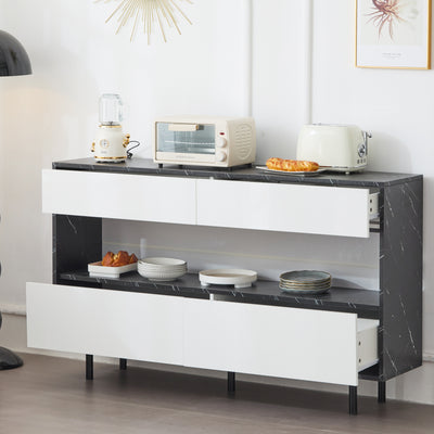 Buffet Design Marbre Noir et Blanc avec 4 Tiroirs, Rangement Ouvert Illuminé par LED et Pieds Métalliques Robustes STRUD
