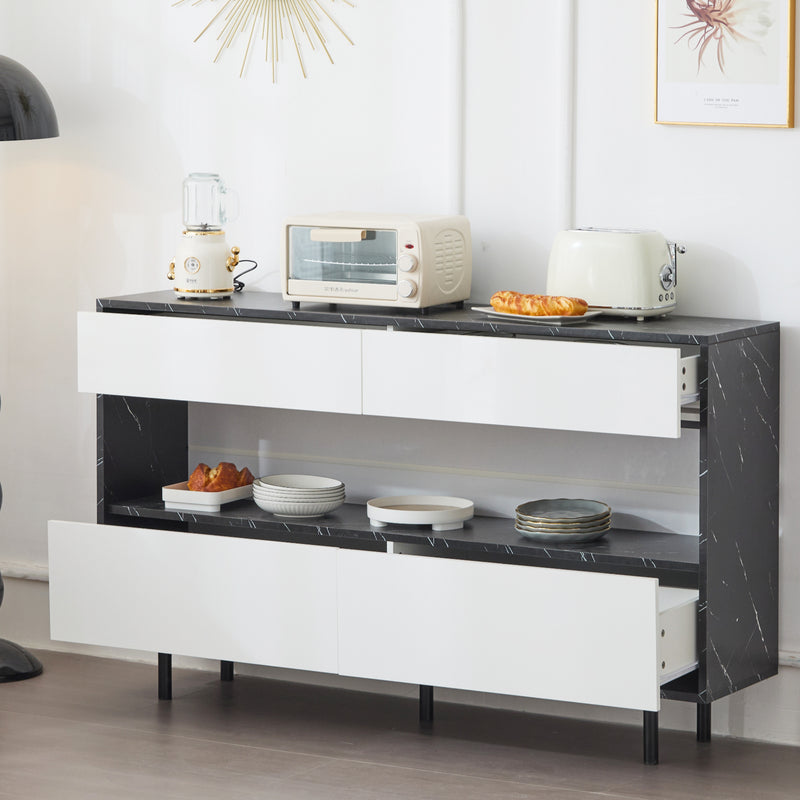 Buffet Design Marbre Noir et Blanc avec 4 Tiroirs, Rangement Ouvert Illuminé par LED et Pieds Métalliques Robustes STRUD