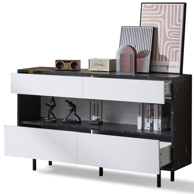 Buffet Design Marbre Noir et Blanc avec 4 Tiroirs, Rangement Ouvert Illuminé par LED et Pieds Métalliques Robustes STRUD