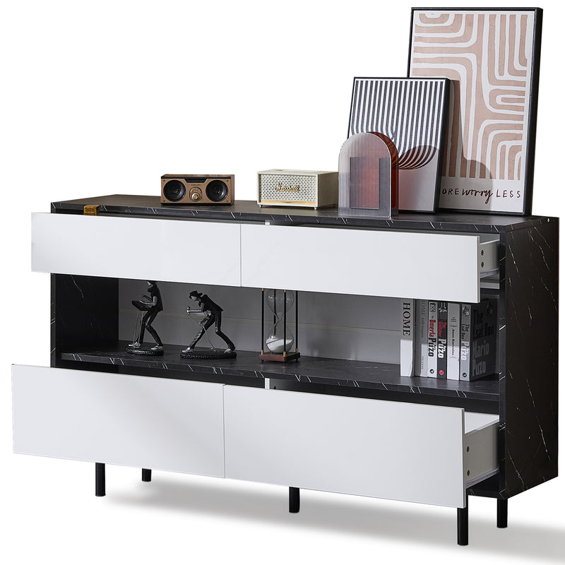Buffet Design Marbre Noir et Blanc avec 4 Tiroirs, Rangement Ouvert Illuminé par LED et Pieds Métalliques Robustes STRUD
