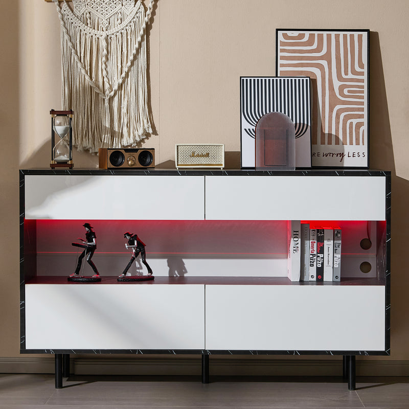 Buffet Design Marbre Noir et Blanc avec 4 Tiroirs, Rangement Ouvert Illuminé par LED et Pieds Métalliques Robustes STRUD