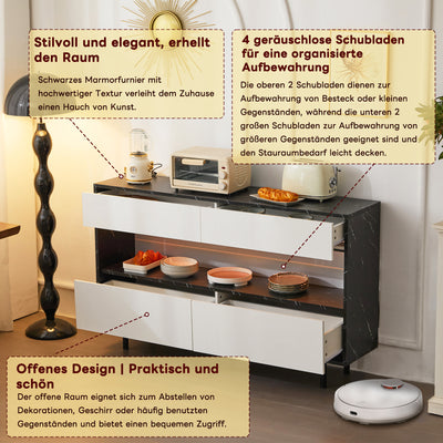 Buffet Design Marbre Noir et Blanc avec 4 Tiroirs, Rangement Ouvert Illuminé par LED et Pieds Métalliques Robustes STRUD