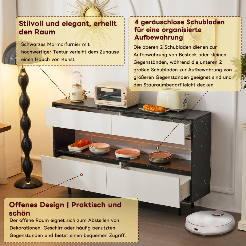 Buffet Design Marbre Noir et Blanc avec 4 Tiroirs, Rangement Ouvert Illuminé par LED et Pieds Métalliques Robustes STRUD