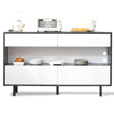 Buffet Design Marbre Noir et Blanc avec 4 Tiroirs, Rangement Ouvert Illuminé par LED et Pieds Métalliques Robustes STRUD
