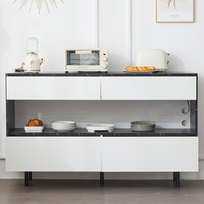 Buffet Design Marbre Noir et Blanc avec 4 Tiroirs, Rangement Ouvert Illuminé par LED et Pieds Métalliques Robustes STRUD