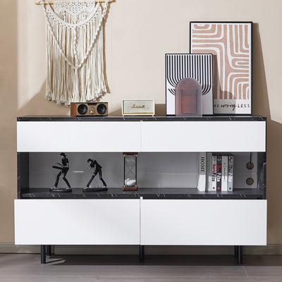 Buffet Design Marbre Noir et Blanc avec 4 Tiroirs, Rangement Ouvert Illuminé par LED et Pieds Métalliques Robustes STRUD