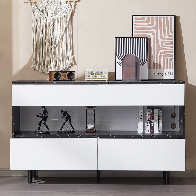 Buffet Design Marbre Noir et Blanc avec 4 Tiroirs, Rangement Ouvert Illuminé par LED et Pieds Métalliques Robustes STRUD