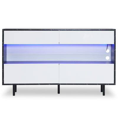 Buffet Design Marbre Noir et Blanc avec 4 Tiroirs, Rangement Ouvert Illuminé par LED et Pieds Métalliques Robustes STRUD