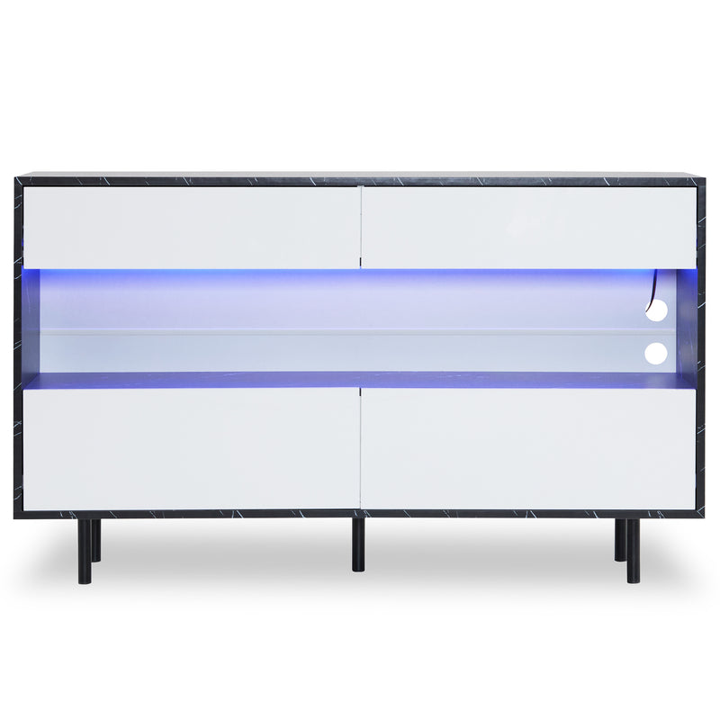 Buffet Design Marbre Noir et Blanc avec 4 Tiroirs, Rangement Ouvert Illuminé par LED et Pieds Métalliques Robustes STRUD