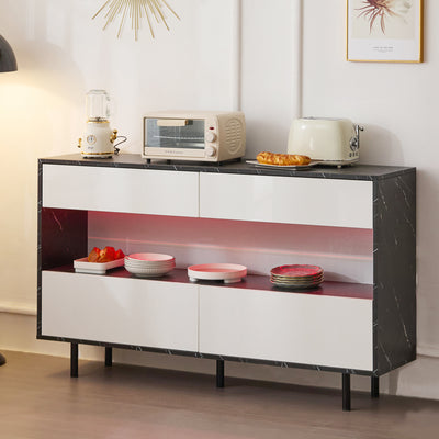 Buffet Design Marbre Noir et Blanc avec 4 Tiroirs, Rangement Ouvert Illuminé par LED et Pieds Métalliques Robustes STRUD