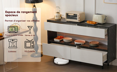 Buffet Design Marbre Noir et Blanc avec 4 Tiroirs, Rangement Ouvert Illuminé par LED et Pieds Métalliques Robustes STRUD