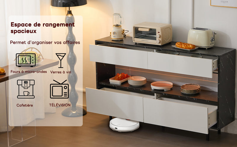Buffet Design Marbre Noir et Blanc avec 4 Tiroirs, Rangement Ouvert Illuminé par LED et Pieds Métalliques Robustes STRUD