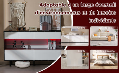 Buffet Design Marbre Noir et Blanc avec 4 Tiroirs, Rangement Ouvert Illuminé par LED et Pieds Métalliques Robustes STRUD