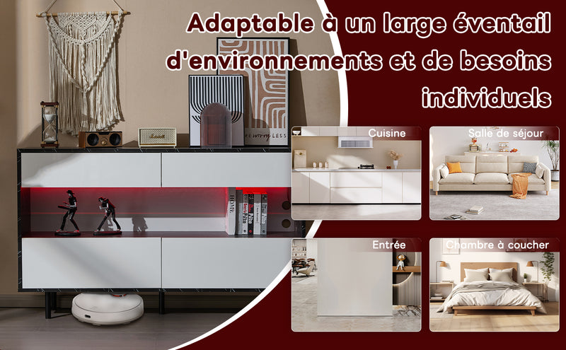 Buffet Design Marbre Noir et Blanc avec 4 Tiroirs, Rangement Ouvert Illuminé par LED et Pieds Métalliques Robustes STRUD