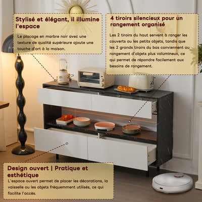 Buffet Design Marbre Noir et Blanc avec 4 Tiroirs, Rangement Ouvert Illuminé par LED et Pieds Métalliques Robustes STRUD