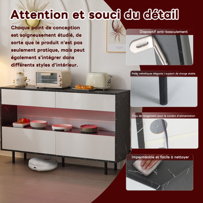 Buffet Design Marbre Noir et Blanc avec 4 Tiroirs, Rangement Ouvert Illuminé par LED et Pieds Métalliques Robustes STRUD
