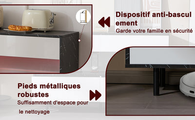 Buffet Design Marbre Noir et Blanc avec 4 Tiroirs, Rangement Ouvert Illuminé par LED et Pieds Métalliques Robustes STRUD