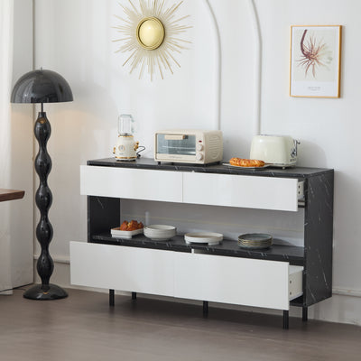 Buffet Design Marbre Noir et Blanc avec 4 Tiroirs, Rangement Ouvert Illuminé par LED et Pieds Métalliques Robustes STRUD