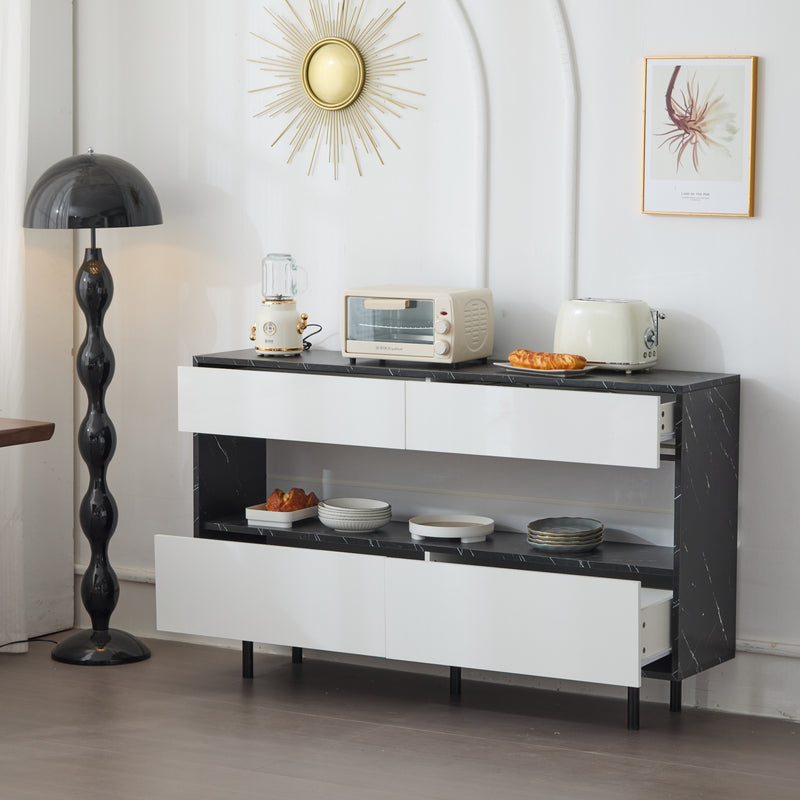 Buffet Design Marbre Noir et Blanc avec 4 Tiroirs, Rangement Ouvert Illuminé par LED et Pieds Métalliques Robustes STRUD
