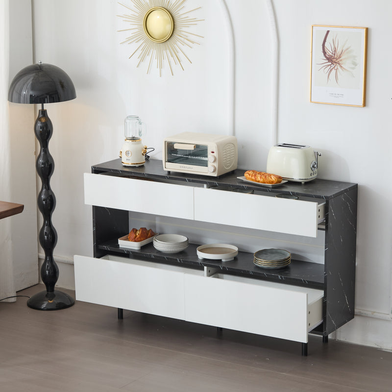 Buffet Design Marbre Noir et Blanc avec 4 Tiroirs, Rangement Ouvert Illuminé par LED et Pieds Métalliques Robustes STRUD