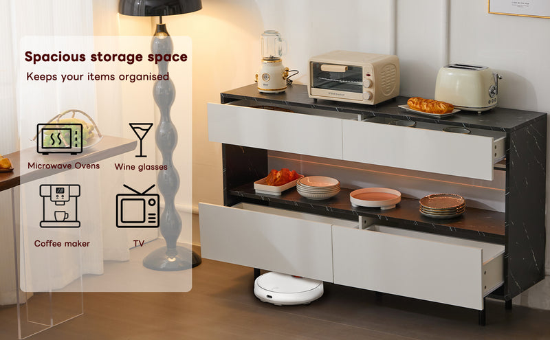 Buffet Design Marbre Noir et Blanc avec 4 Tiroirs, Rangement Ouvert Illuminé par LED et Pieds Métalliques Robustes STRUD