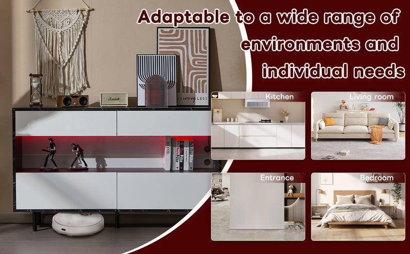 Buffet Design Marbre Noir et Blanc avec 4 Tiroirs, Rangement Ouvert Illuminé par LED et Pieds Métalliques Robustes STRUD