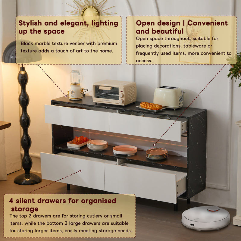 Buffet Design Marbre Noir et Blanc avec 4 Tiroirs, Rangement Ouvert Illuminé par LED et Pieds Métalliques Robustes STRUD