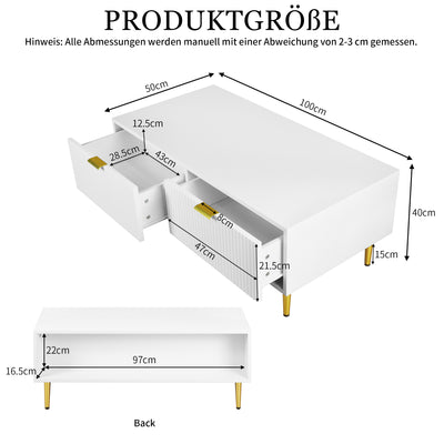 Table Basse Moderne Blanche avec Rangement - Pieds et Poignées Dorés STRUX COFFEE TABLE WHITE
