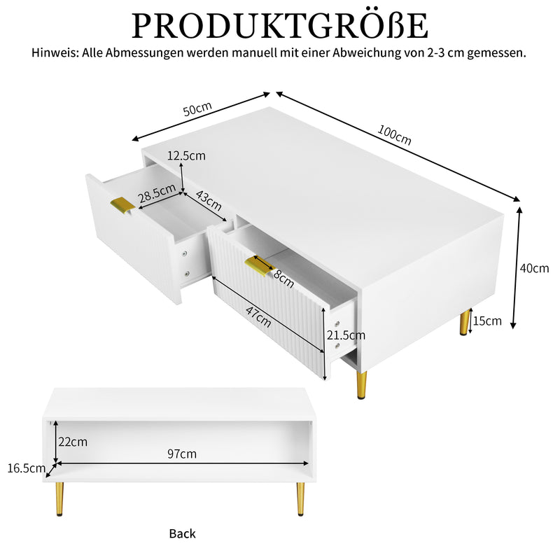 Table Basse Moderne Blanche avec Rangement - Pieds et Poignées Dorés STRUX COFFEE TABLE WHITE