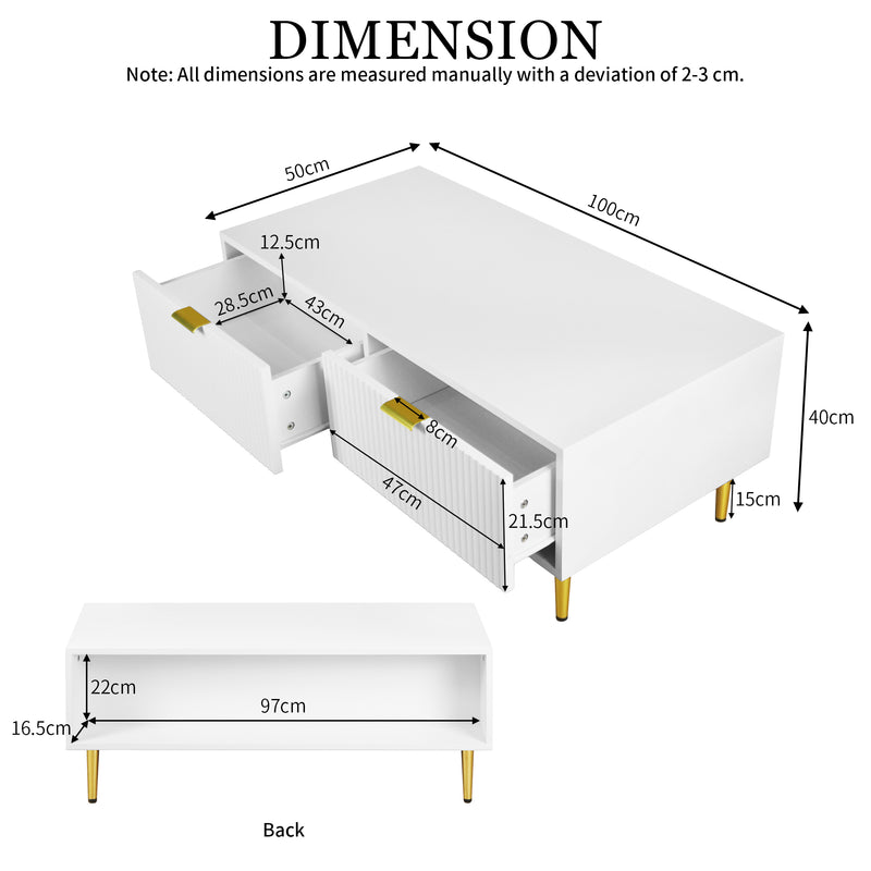 Table Basse Moderne Blanche avec Rangement - Pieds et Poignées Dorés STRUX COFFEE TABLE WHITE