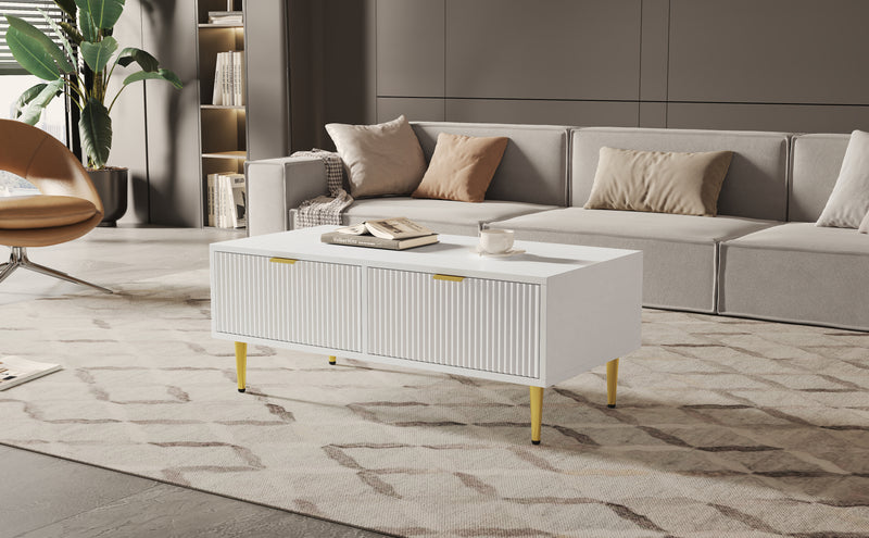 Table Basse Moderne Blanche avec Rangement - Pieds et Poignées Dorés STRUX COFFEE TABLE WHITE