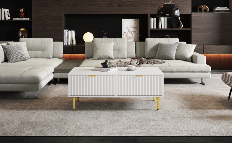 Table Basse Moderne Blanche avec Rangement - Pieds et Poignées Dorés STRUX COFFEE TABLE WHITE