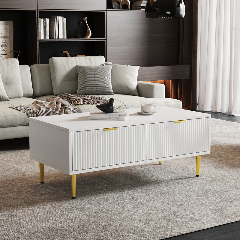 Table Basse Moderne Blanche avec Rangement - Pieds et Poignées Dorés STRUX COFFEE TABLE WHITE