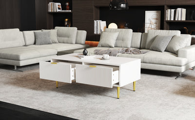 Table Basse Moderne Blanche avec Rangement - Pieds et Poignées Dorés STRUX COFFEE TABLE WHITE
