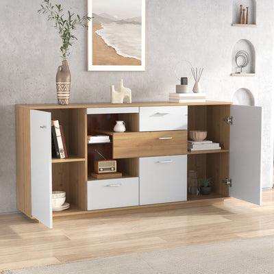 Buffet Moderne Bicolore Bois Naturel et Blanc avec LED Multicolores, Rangement Ajustable et 4 Tiroirs STUD
