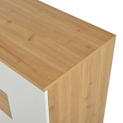 Buffet Moderne Bicolore Bois Naturel et Blanc avec LED Multicolores, Rangement Ajustable et 4 Tiroirs STUD
